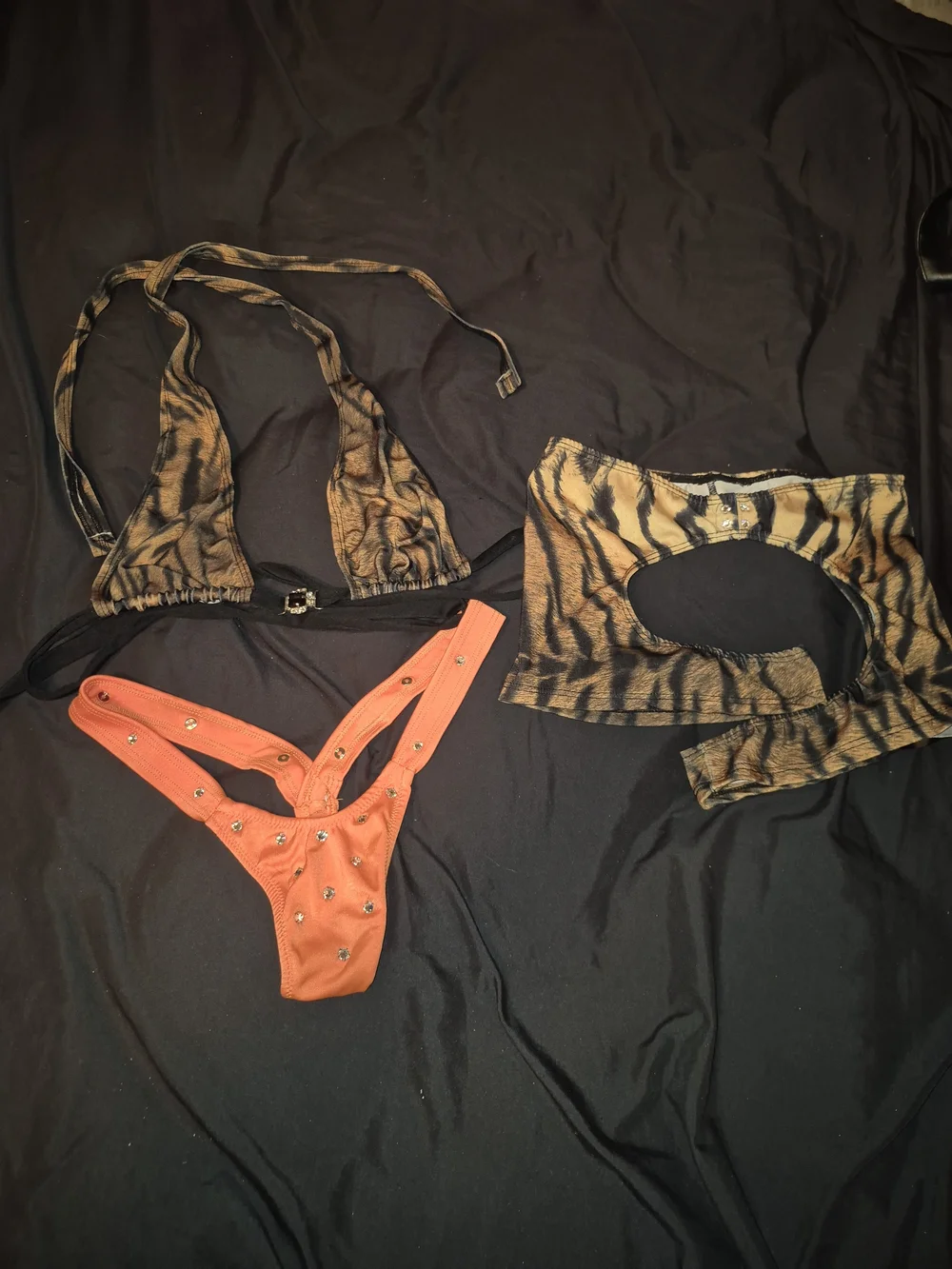 Tiger Print Bralette & Garter Shorts W 2 Thongs- Set